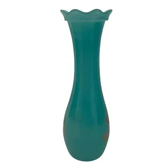 Pretty Vintage Blue Glass Vase With Gold Roses. MCM Style. Scalloped Edge - Picture 3 of 5